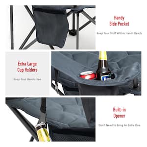 Gray Metal Patio Folding Beach Chair Lawn Chair Outdoor Camping Chair with Side Pockets and Built-In Opener