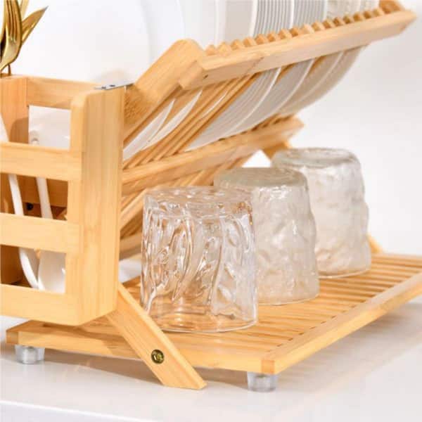 3-Tier Natural Wood Foldable Dish Rack for Small Kitchens and Apartments