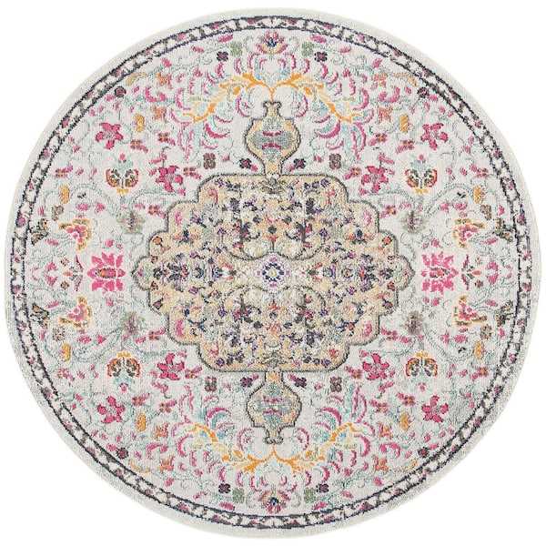 Gray Polypropylene 5 ft. x 5 ft. Medallion Indoor Round Area Rug