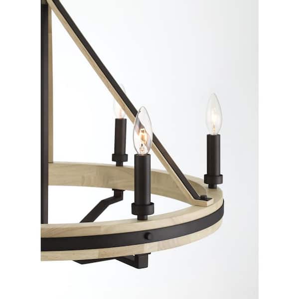 Minka Lavery - Sonoma 6-Light Dark Bronze with Natural Solid Oak Wood Wagon Wheel Chandelier for Dining Room, Kitchen No Bulbs Included