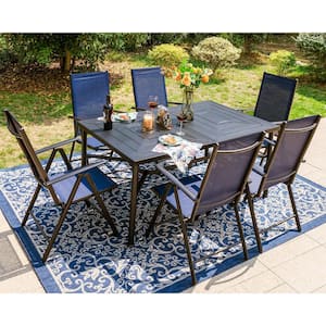 Blue 7-Pieces Metal Outdoor Patio Dining Set with Folding Sling Dining Chairs