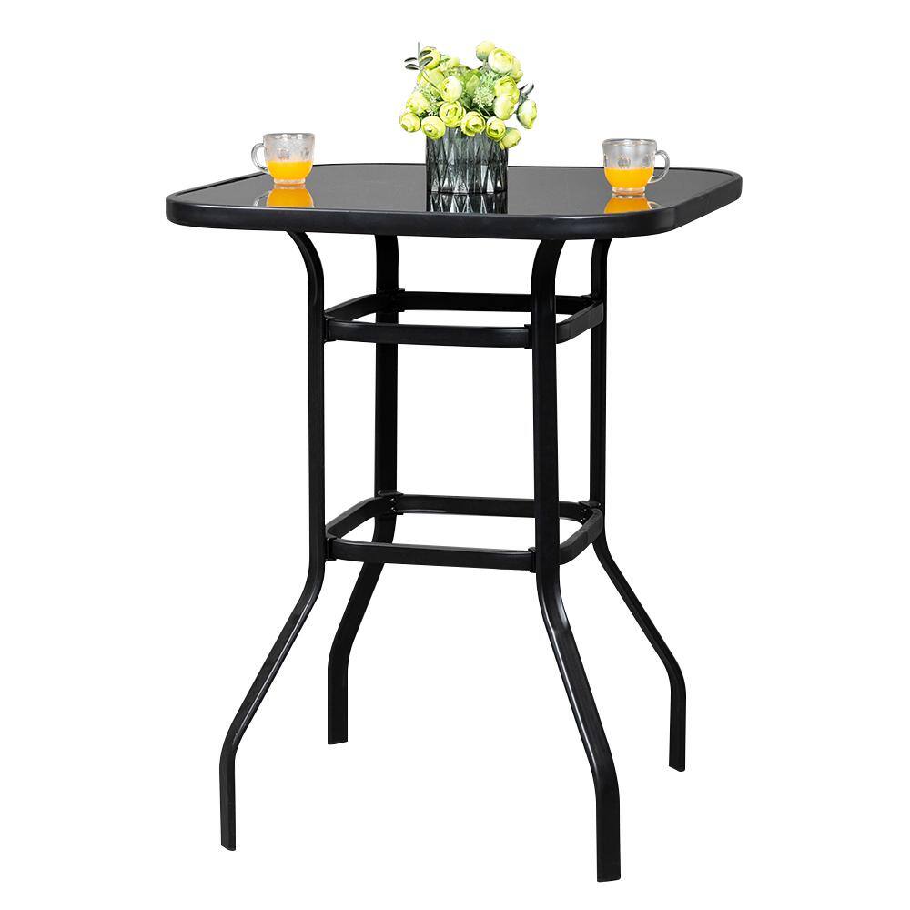 VINGLI Black Metal Outdoor Bar Table Patio Bar Table with Tempered