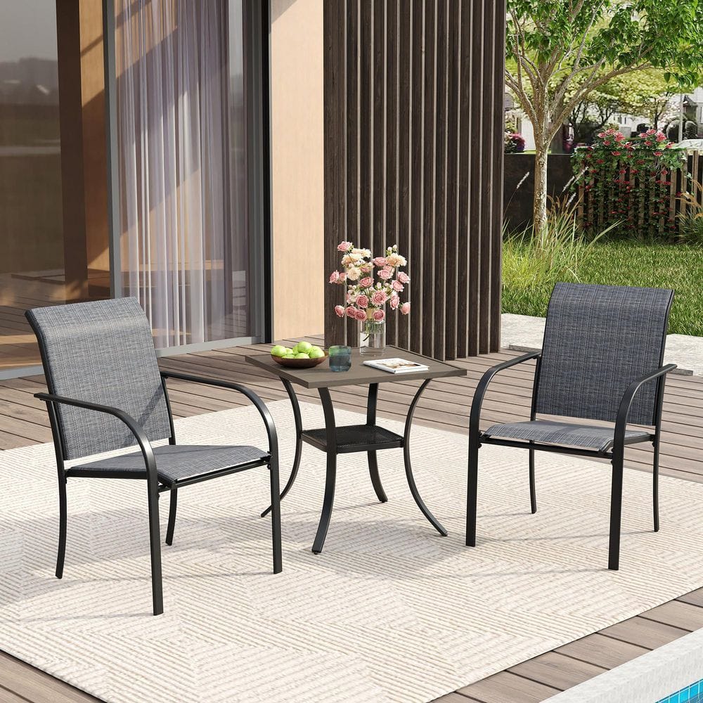 3-Piece Metal Outdoor Dining Set with Grey Wood-Like Square Table and 2 Grey Dining Chairs with Armrests