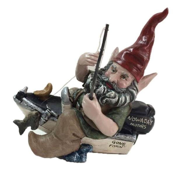 Toad Hollow 12 in. Fisherman Gnome Holding Fishing Line in Bass Boat Collectible Statue