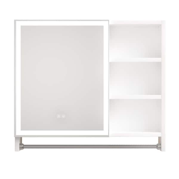 COWLOWN 31.5 in. W x 27.56 in. H Rectangular Aluminum Medicine Cabinet with Mirror LED Light, Multilevel Storage Compartments