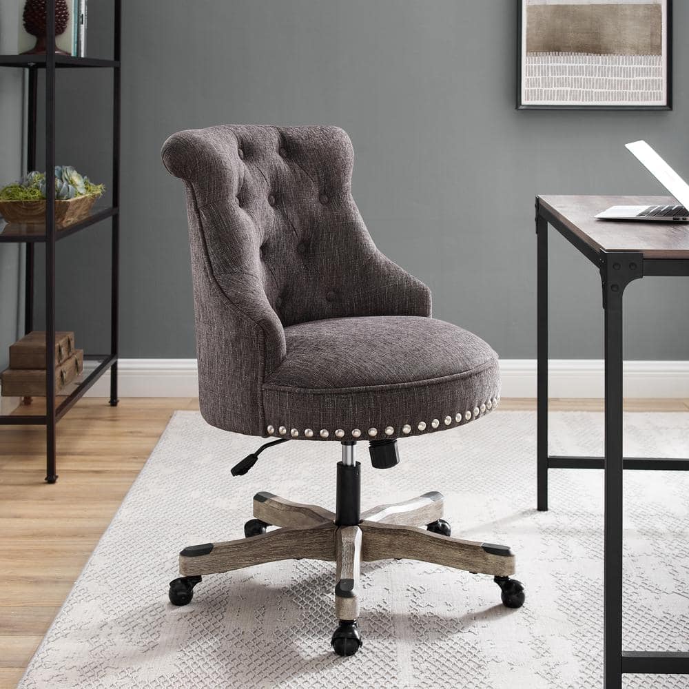 Charcoal Gray Fabric Swivel Office Chair with Silver Nailheads