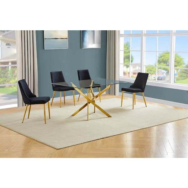 Best Quality Furniture Olly 5-Piece Clear Glass Top Cross Leg Base Dining Set with 4 Black Gold Chrome Chairs