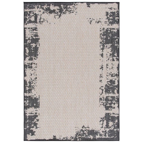 Beach House 4 ft. x 6 ft. Black/Beige Distressed Border Indoor/Outdoor Area Rug