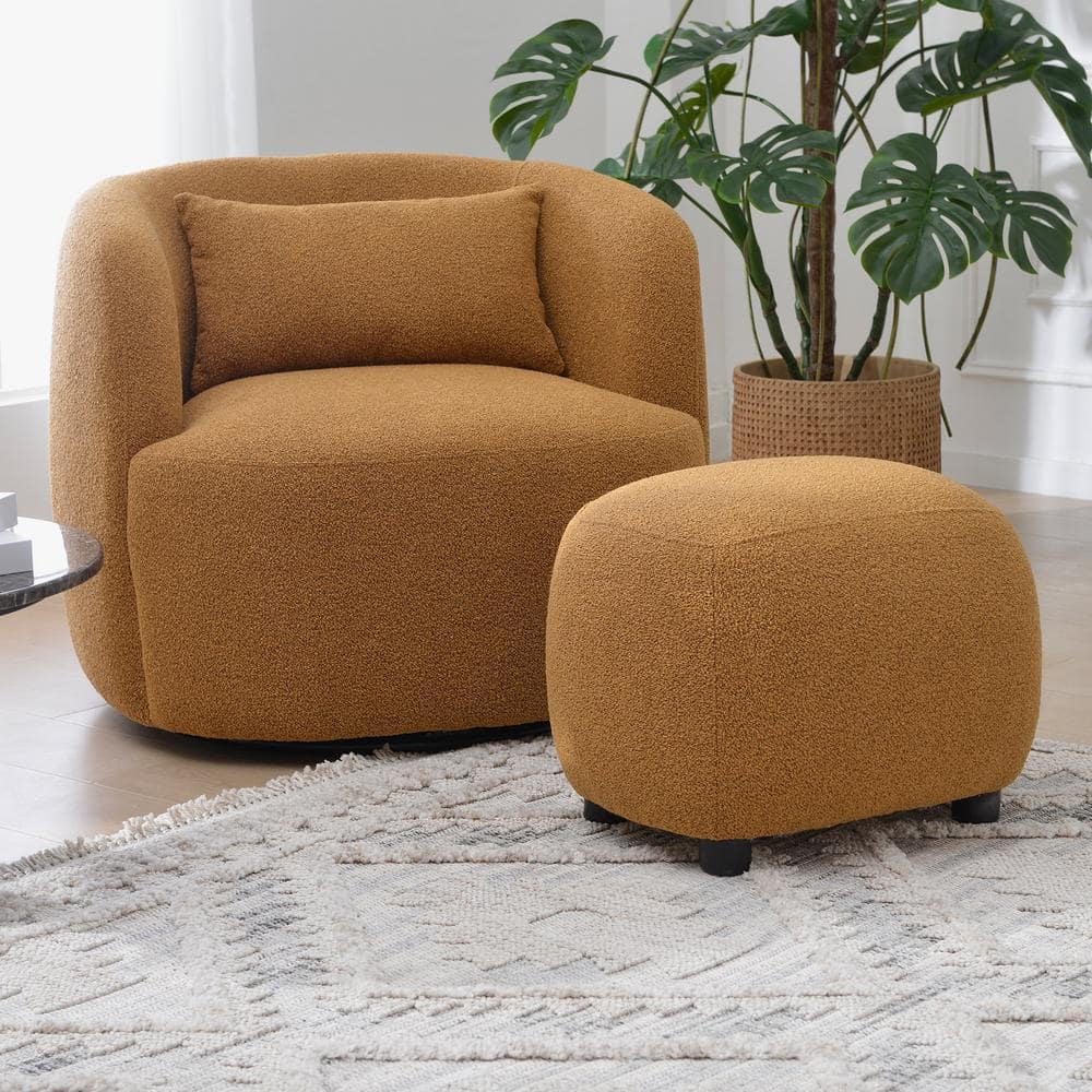 Brown Boucle Upholstered Footrest Round Ottoman