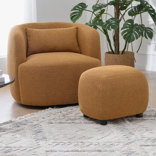 KINWELL Brown Boucle Upholstered Footrest Round Ottoman