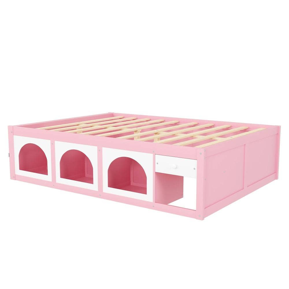 Pink Wood Frame Queen Platform Bed with Bookshelf, Display Cabinet, LED Lights & Drawer durable construction price history on PriceWatchPro