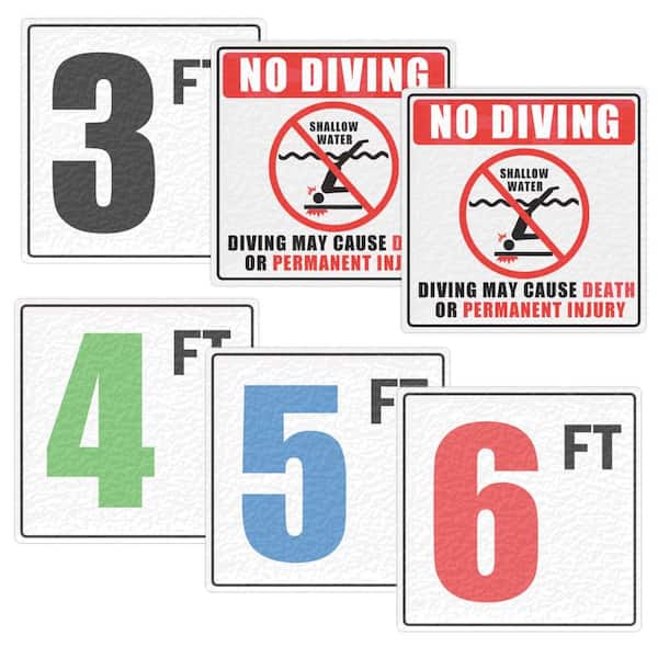 6x6 inch Swimming No Diving Shallow Water Pool Warning Stickers 3 FT 4FT 5FT 6FT Pool Depth Number Markers Sign Labels N