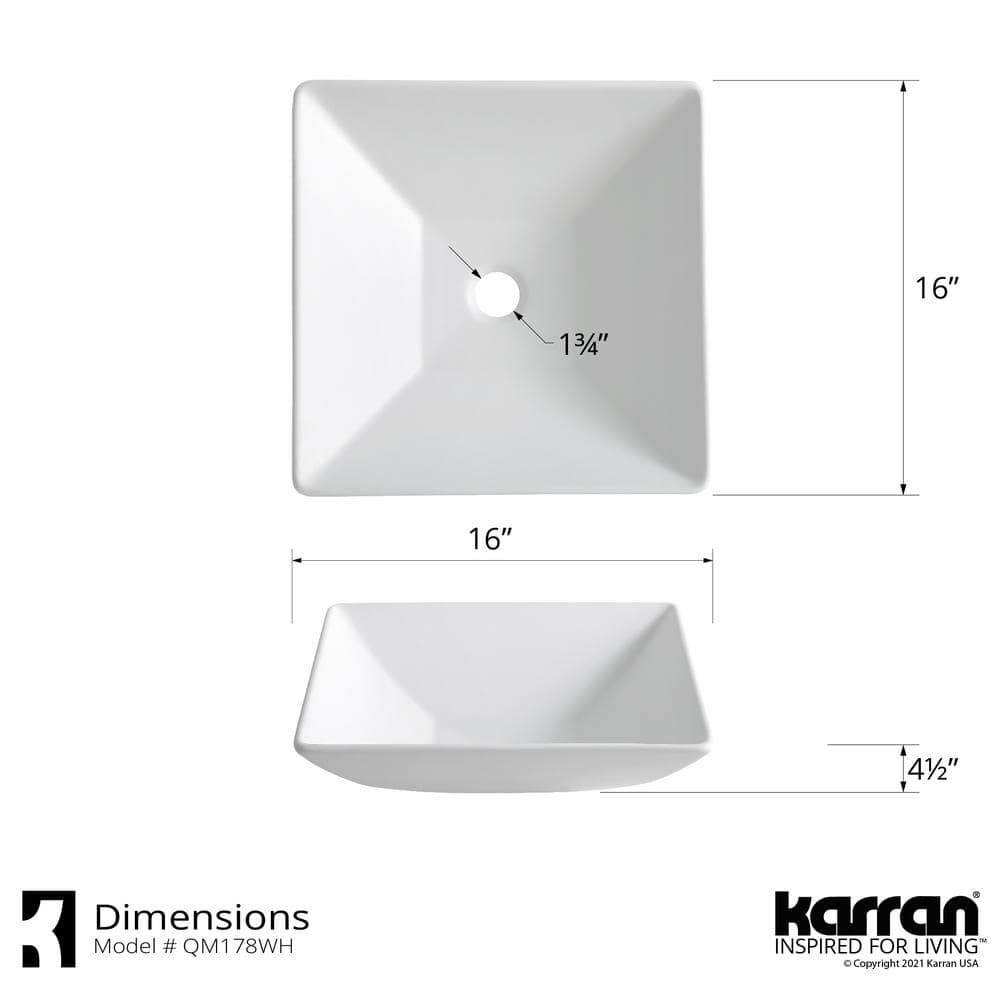 Matte White Square Acrylic Above-Counter Vessel Sink, 16"