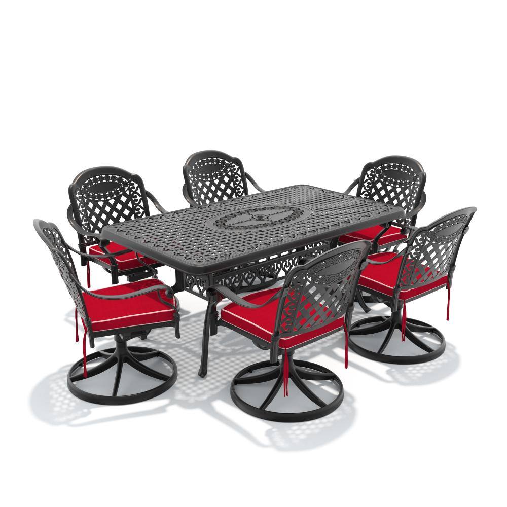 Black 7-Piece Cast aluminum Rectangle Outdoor Dining Set with Red Cushion Patio Furniture Set with Swivel Dining Chair