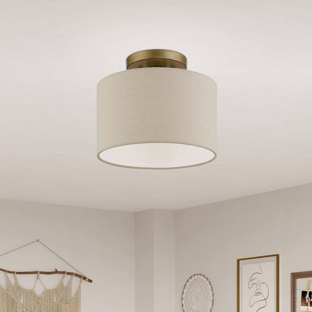 Burnett Antique Gold Leaf 10" Drum Semi-Flush Mount with White Shade