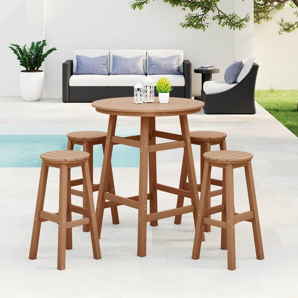 Laguna 5-Piece Bar Height HDPE Plastic Outdoor Patio Round High Top Bistro Dining Set in Teak price history on PriceWatchPro