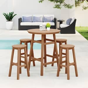 Laguna 5-Piece Bar Height HDPE Plastic Outdoor Patio Round High Top Bistro Dining Set in Teak