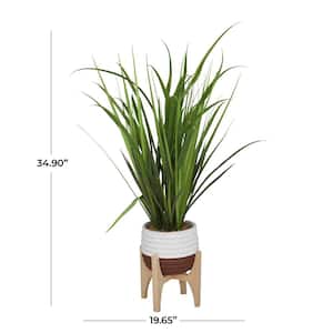 35 in. H Tall Grass Artificial Plant with Realistic Leaves and Porcelain Pot on Wooden Stand