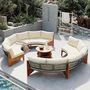 3-Piece Wood Patio Conversation Set with Beige Cushions and Coffee Table