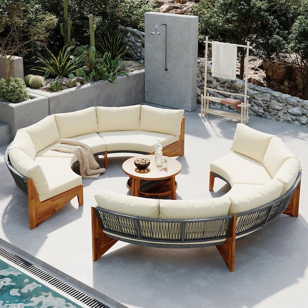 JimsMaison 3-Piece Wood Patio Conversation Set with Beige Cushions and Coffee Table