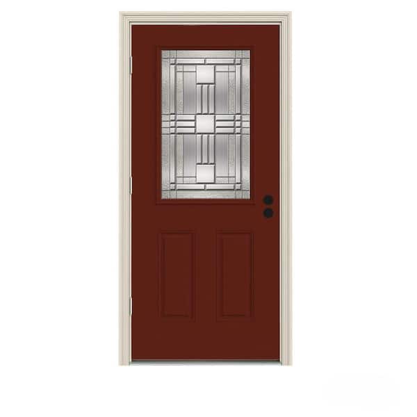 JELD-WEN 32 in. x 80 in. 1/2 Lite Cordova Mesa Red Painted Steel Prehung Right-Hand Outswing Front Door w/Brickmould