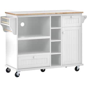 White Solid Wood Desktop Floor Standing Kitchen Island Cart On 2 Locking Wheels with Microwave Cabinet and Towel Rack