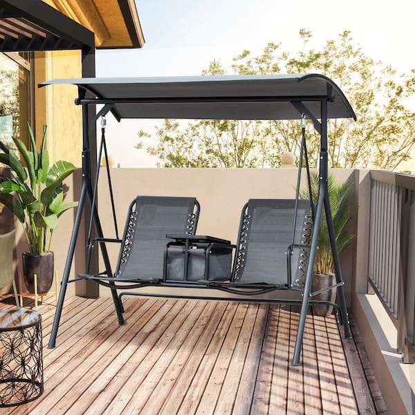 Sudzendf Gray 2-Seat Outdoor Metal Patio Swing with Pivot Storage Table, Cup Holder, Adjustable Shade