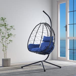 Wicker Outdoor Patio Swing Chair Hanging Egg Chair with Stand and Navy Blue Cushion