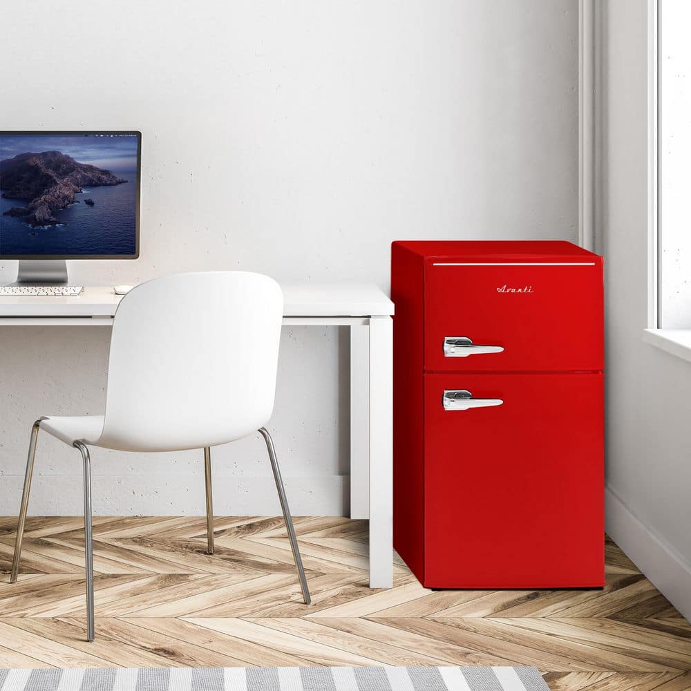 Retro Red Compact Dual Door Mini Fridge with Glass Shelves