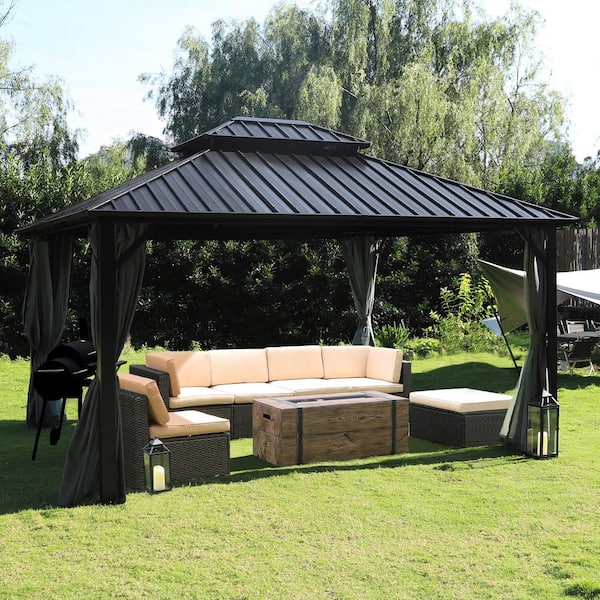 VEIKOUS 16 ft. W x 12 ft. D Hardtop Gazebo Aluminum Double Roof Metal Gazebo with Curtain and Netting