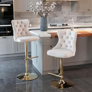 33 in. Beige High Back Metal Barstools with Swivel Velvet Adjustable Seat Height 2 Sets included