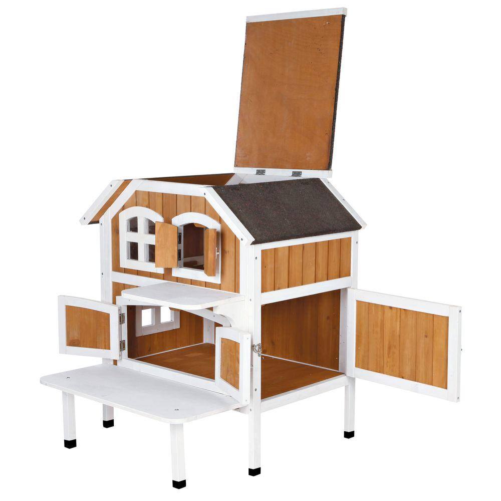 2-Story Weatherproof Brown and White Wooden Outdoor Cat House