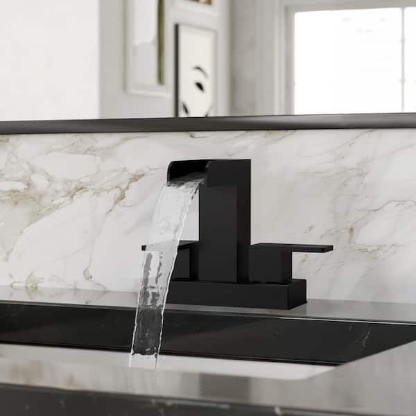 Waterfall Open Spout 4 in. Centerset Dual Handle Mid Arc Bathroom Faucet 1.2 GPM in Matte Black (2-Pack）