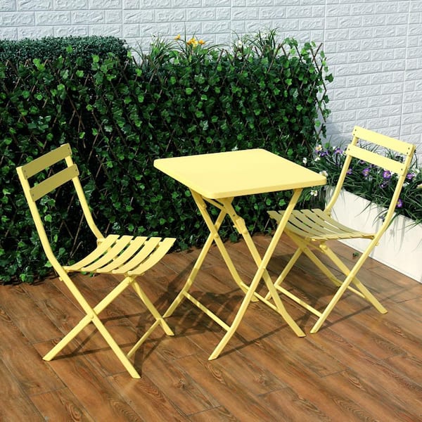 Zeus & Ruta Yellow 3-Piece Metal Outdoor Bistro Patio Bistro Set of Foldable Square Table and Chairs Coffee Table Set