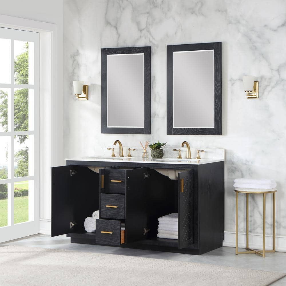 Gazsi 60" Black Oak Double Bathroom Vanity with White Stone Countertop