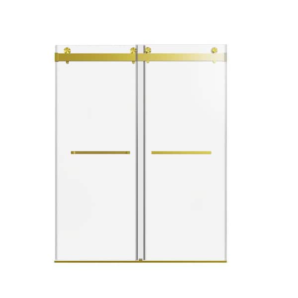 Frameless Double Sliding Shower Door, Fits 56-60 in. W x 76 in. H, with Tempered Glass Design, Brushed Gold