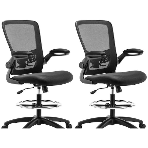 HOMESTOCK Mesh Drafting Chair with Lumbar Support Ergonomic Tall Executive Office Chair in Black/Black Adjustable Height Set of 2