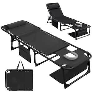 Metal Folding Outdoor Chaise Lounge with Face Hole, 5-Position Reclining Portable Patio Chair, Black