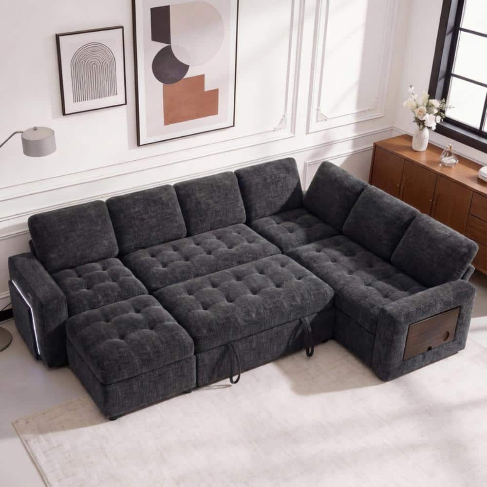 79" L-Shaped Sectional Sleeper Sofa Bed,7 Seat Black Chenille Pull Out Couch Bed Tool-Free Assembly