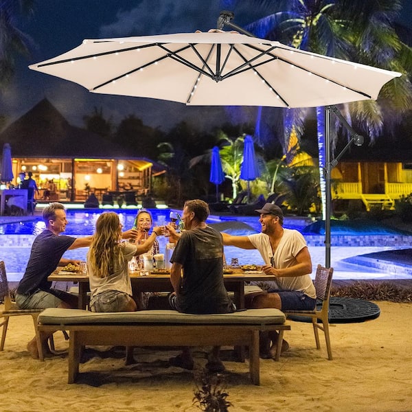 10 ft. Steel Cantilever Solar Powered 32 LED Lighted Patio Umbrella in Beige