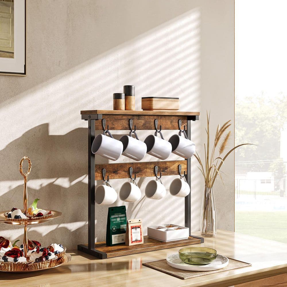 Coffee Mug Holder for Counter, 2 Tier Mug Tree Rack, with 8 Hook and 2 Open Shelves, Rustic Brown price history on PriceWatchPro