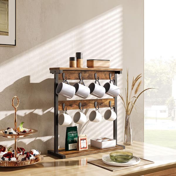 Coffee Mug Holder for Counter, 2 Tier Mug Tree Rack, with 8 Hook and 2 Open Shelves, Rustic Brown
