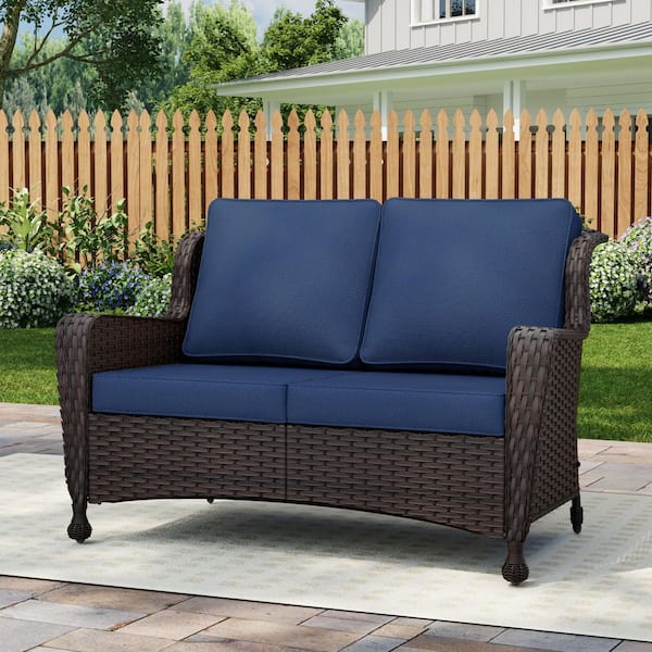 2-Seat Wicker Outdoor Sofa Patio Couch Sectional Couch Loveseat with Deep Soft Seating and Dark Blue Cushions