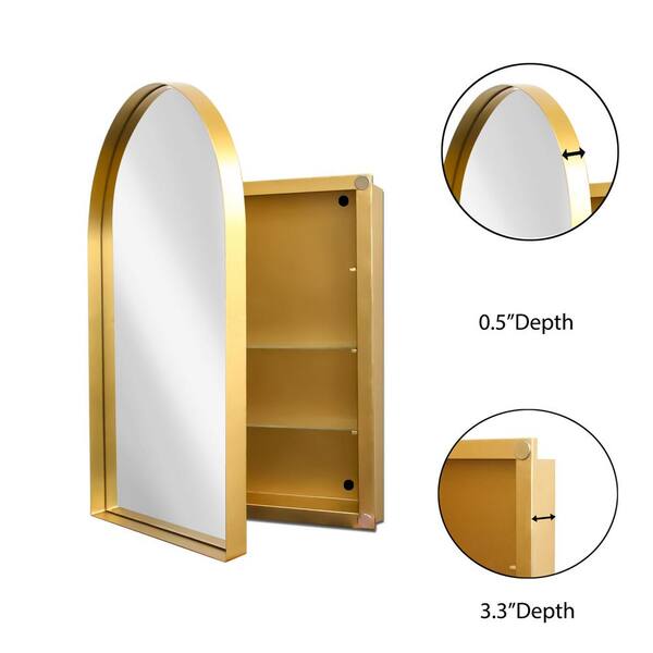 Tenleaf 24 in. W x 36 in. H Arched Recessed Metal Medicine Cabinet with Mirror and Adjustable Shelves in Matte Gold