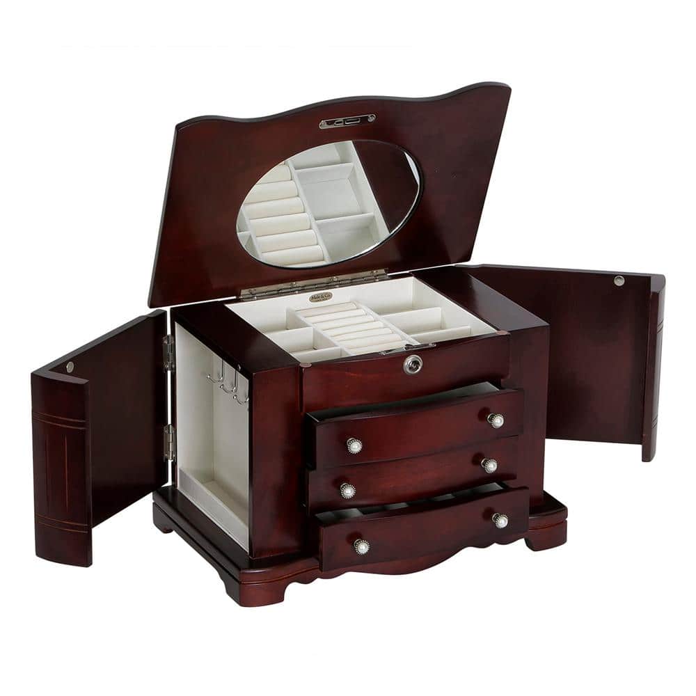 Mahogany Women's Locking Wooden Jewelry Box with 3 Drawers