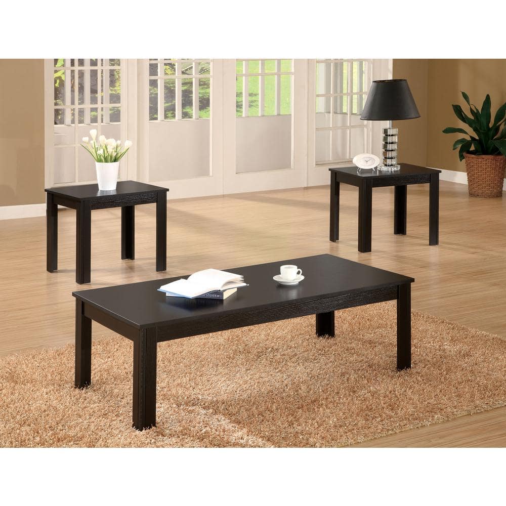 Black Solid Wood Rectangular Coffee Table Set