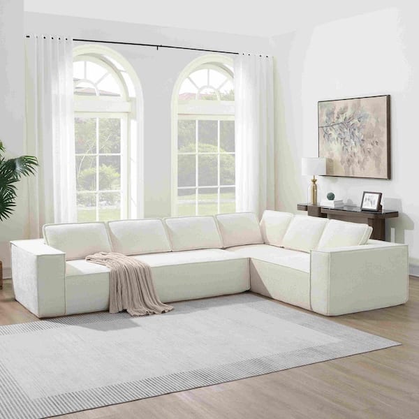 129.5 in. Square Arm Chenille Sectional Sofa in. Beige