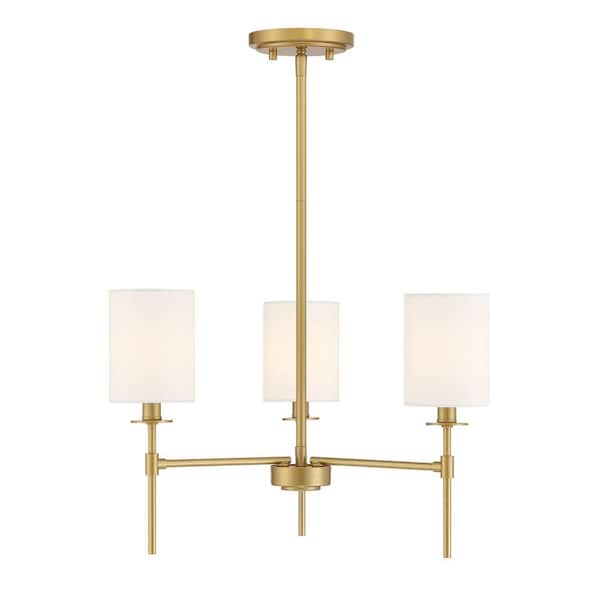 3-Light Vintage Gold Dimmable Chandelier with White Linen Fabric Shades