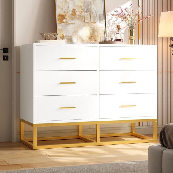 GDFSTUDIO Modern High-gloss White Finish 6 Drawers 39.3 in. W Bedroom Dresser, Wooden Chest of Drawers with Gold Metal Legs
