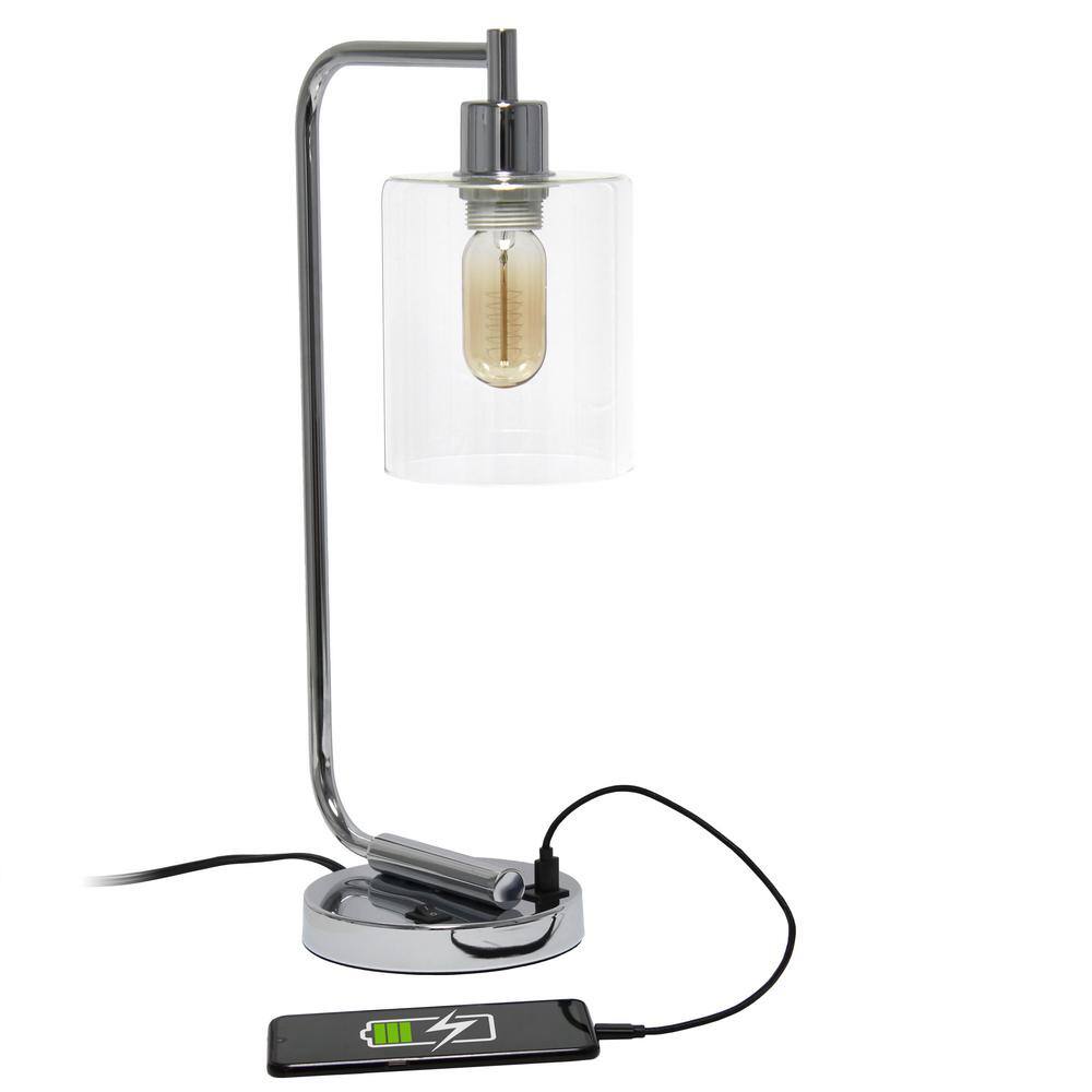 18.8" Chrome Industrial Iron Desk Lamp with Glass Shade and USB Port